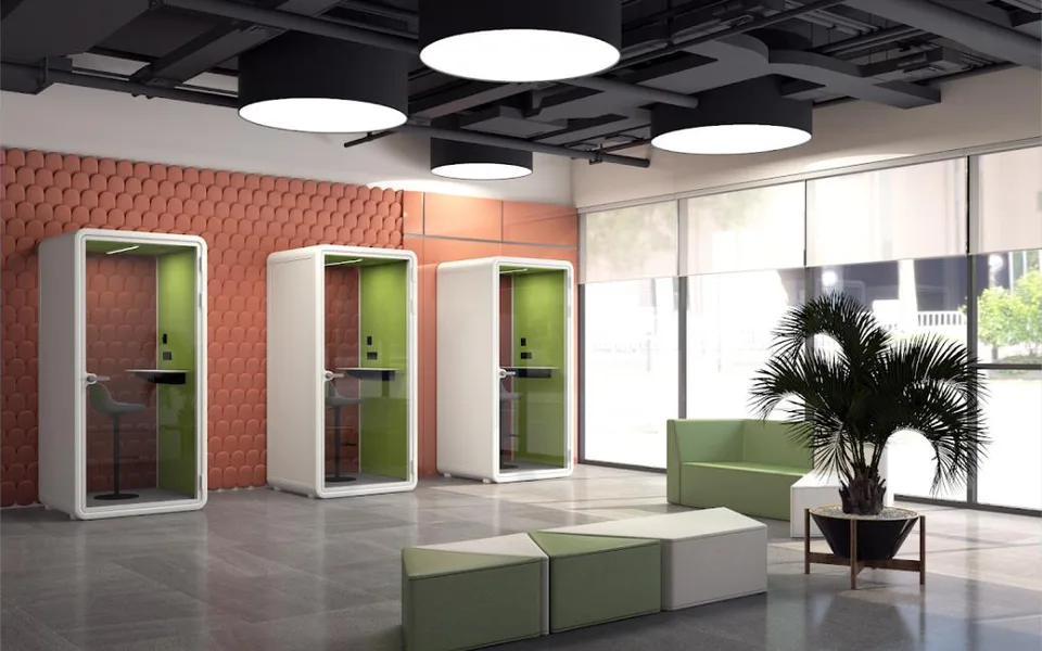 Office pods installed in a reception area